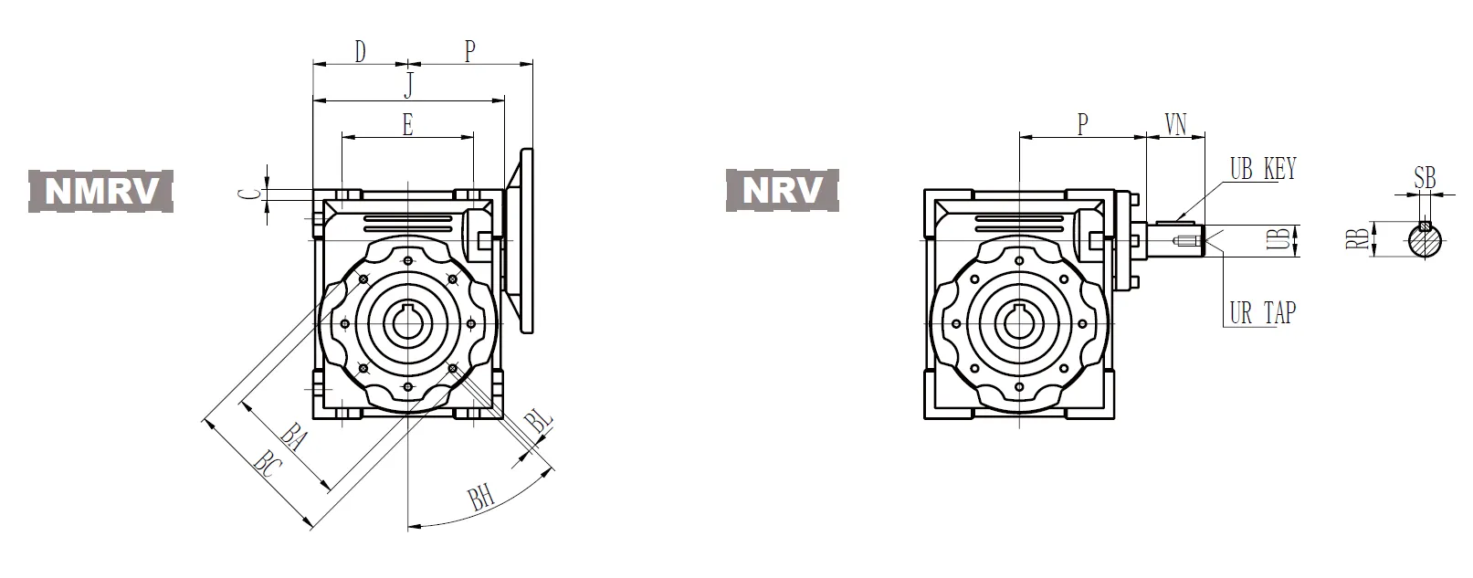 CMN-NMRV Worm Gear Reducer Dimensions