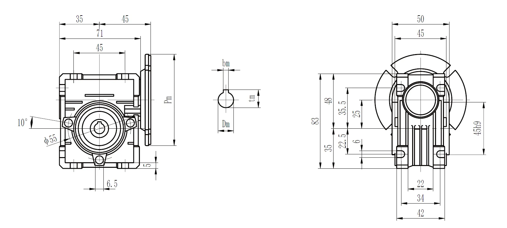 CMN-NMRV025 Worm Gear Reducer Dimensions