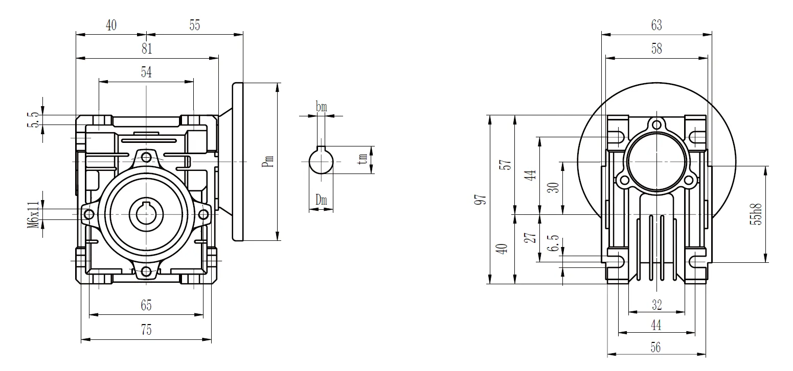 CMN-NMRV030 Worm Gear Reducer Dimensions