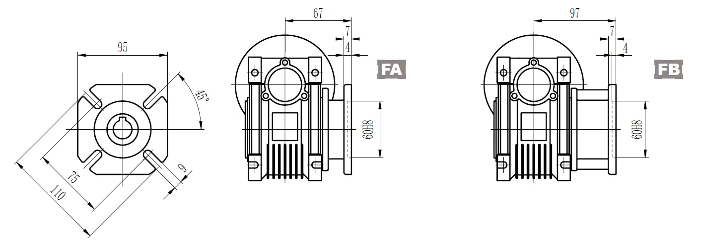 CMN-NMRV040 Worm Gear Reducer Dimensions