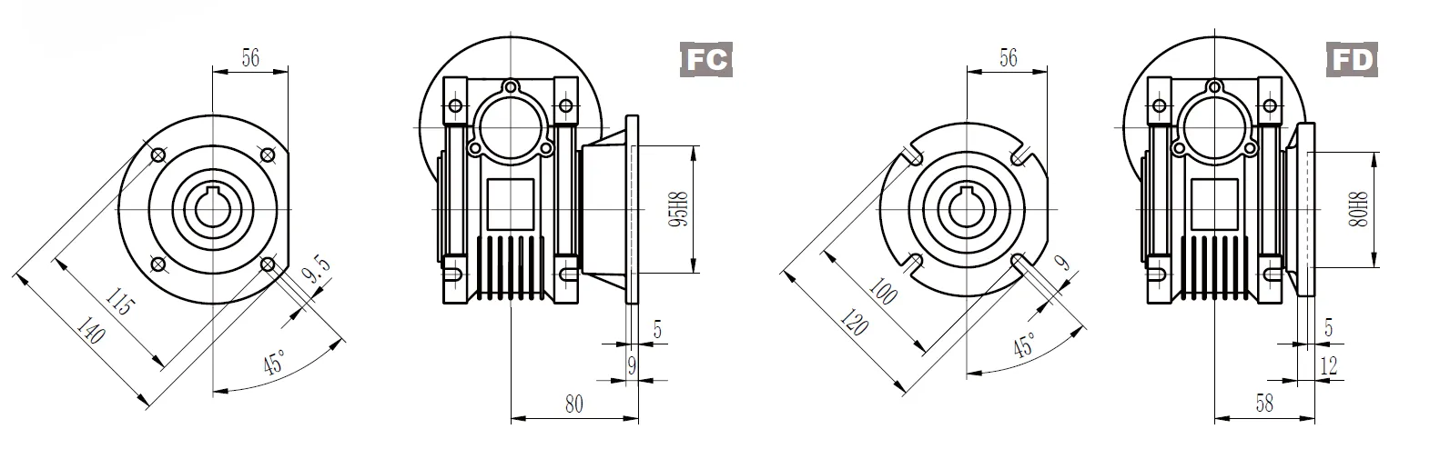CMN-NMRV040 Worm Gear Reducer Dimensions