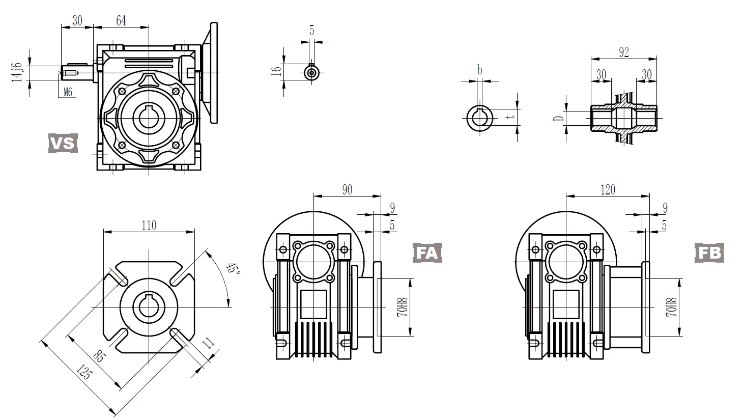 CMN-NMRV050 Worm Gear Reducer Dimensions