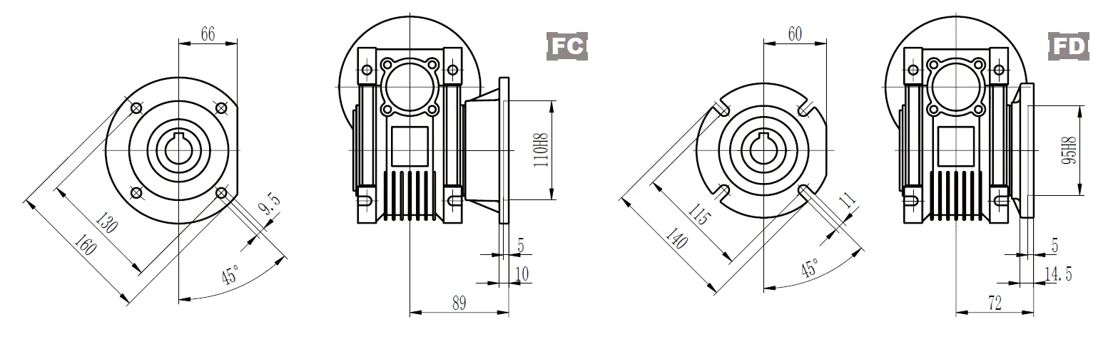 CMN-NMRV050 Worm Gear Reducer Dimensions
