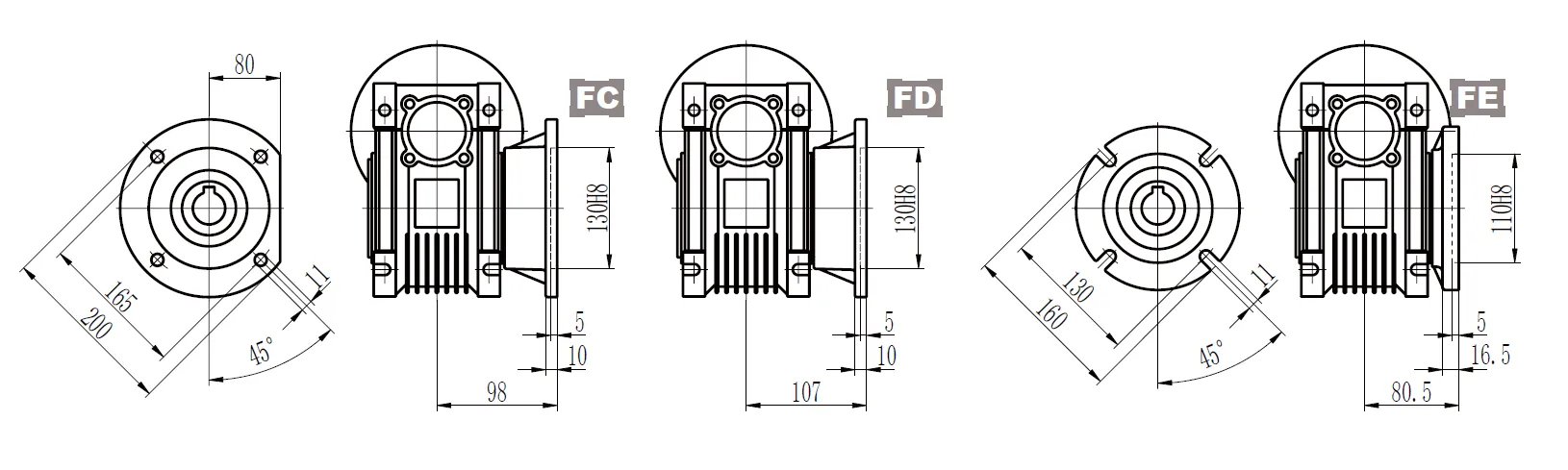 CMN-NMRV063 Worm Gear Reducer Dimensions