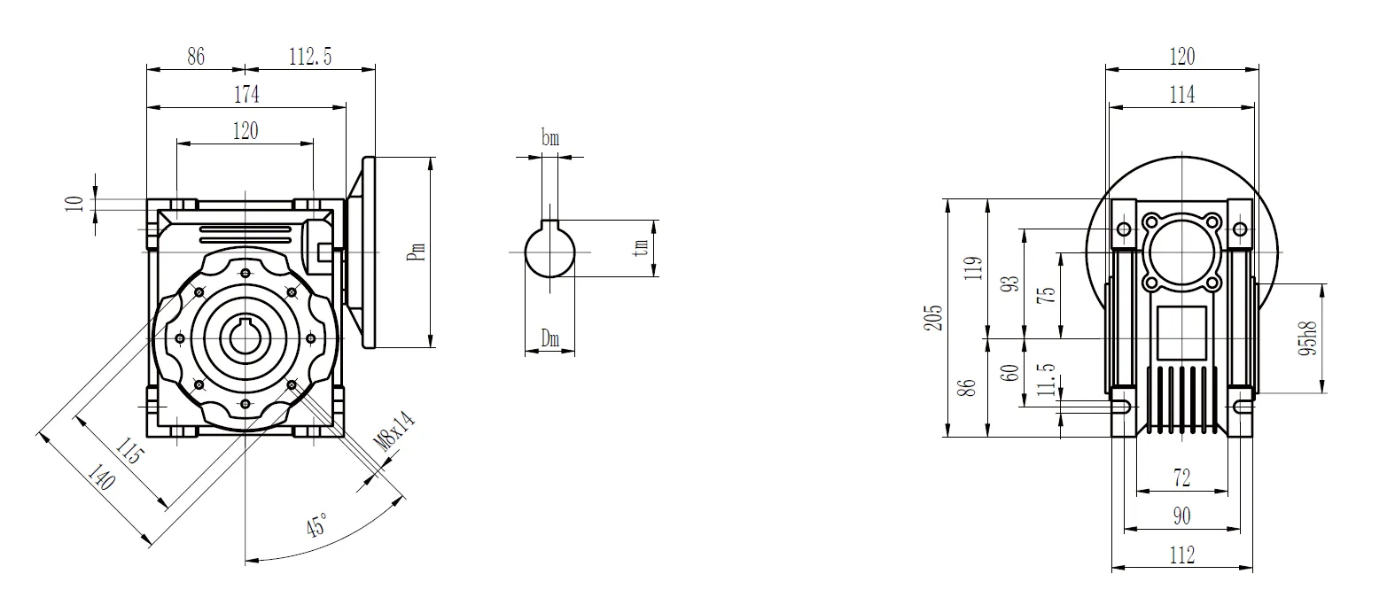 CMN-NMRV075 Worm Gear Reducer Dimensions