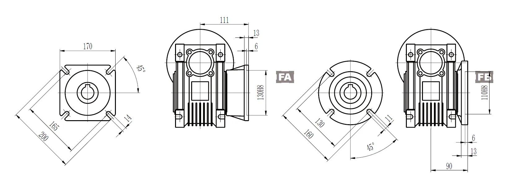 CMN-NMRV075 Worm Gear Reducer Dimensions