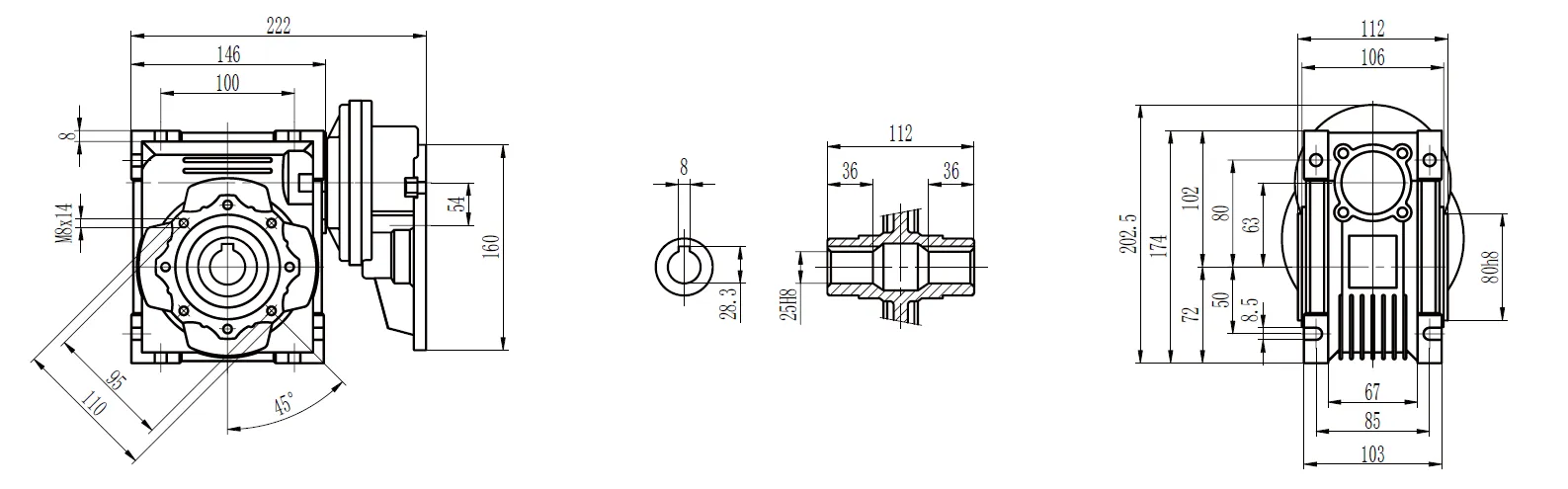 CMN-PC-NMRV Worm Gear Reducer Dimensions