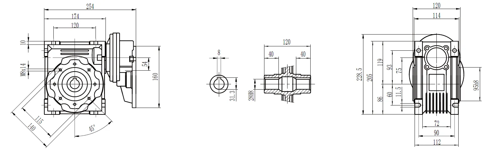 CMN-PC-NMRV Worm Gear Reducer Dimensions
