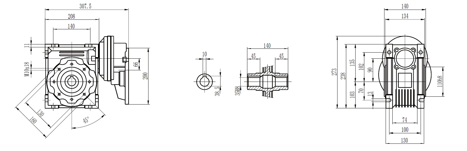 CMN-PC-NMRV Worm Gear Reducer Dimensions