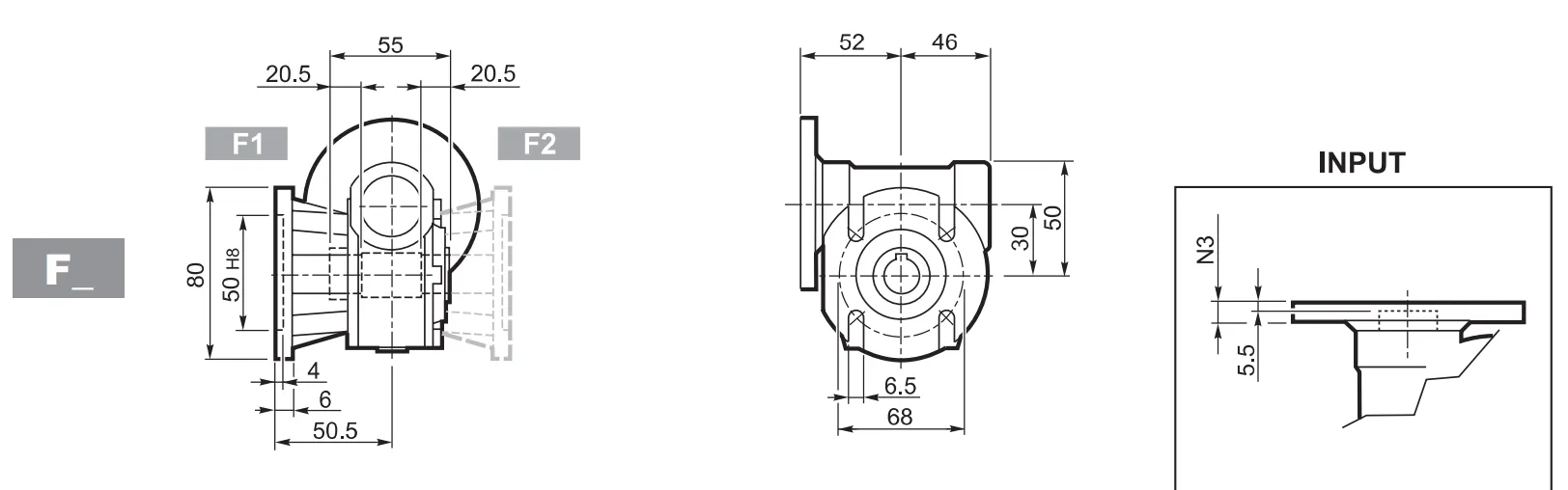 VF30 Worm Gear Reducer Dimensions