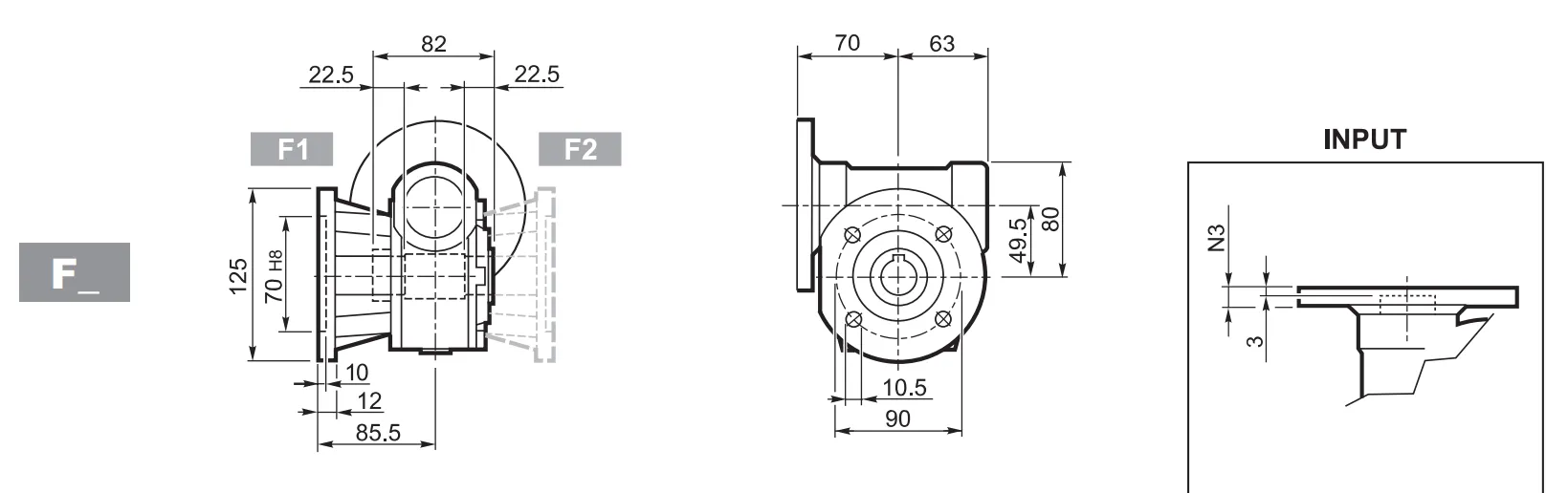 VF49 Worm Gear Reducer Dimensions