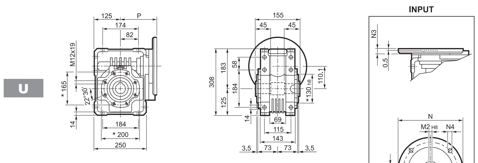 W110 Worm Gear Reducer Dimensions