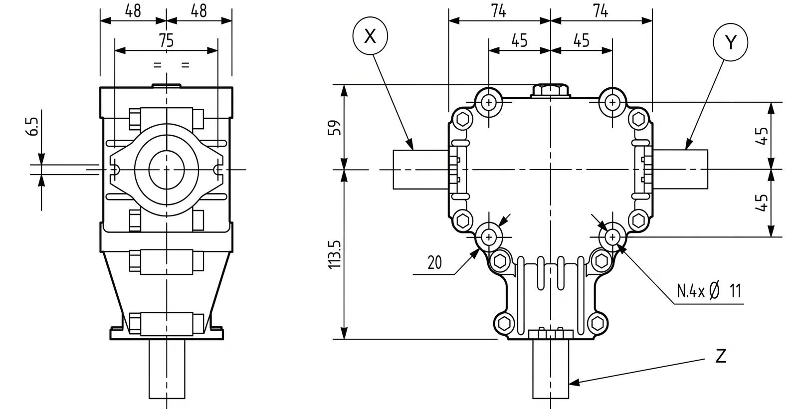L-25A Fertilizer Spreader Gearbox Dimensions